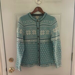 L.L. Bean Blue, White & Gray Nordic Cardigan Sweater